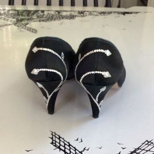 Durables Black Satin Pumps with Rhinestones on back very comfortable 3” heels